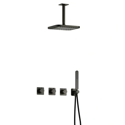 Afbeelding van Hotbath Gal Regendoucheset IBSGL70 Geborsteld Gunmetal PVD Staaf Handdouche 22cm Hoofddouche 15cm Plafondbuis met wandhouder