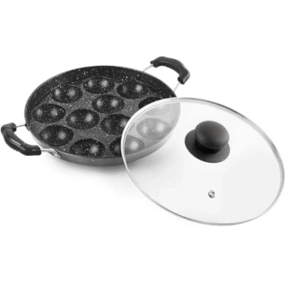 Afbeelding van Tanish Trading Appam Maker kookgerei met antiaanbaklaag, 12 putten glazen deksel, paniyaram Pan Patra Appe Maker, Patra, zwart