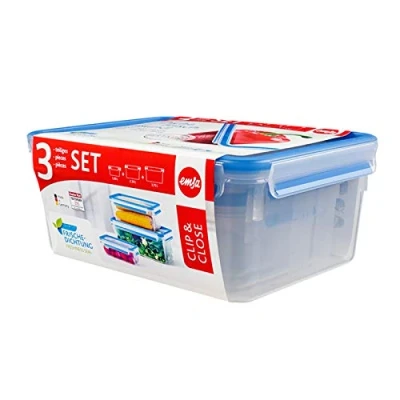 Image de EMSA 508567 Alimentaires Clip &amp; Close, Transparent/Bleu, Contenance en litre 1/2,3/3,7, Lot de 3 Boîtes