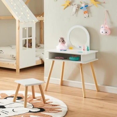 Afbeelding van Kaptafel Ovanåker met krukje en spiegel voor kinderen naturel wit [en.casa]