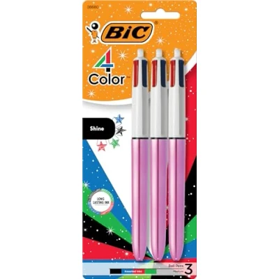 Afbeelding van BIC Set van 3 balpennen met 4 kleuren grip, blauwe behuizing, middelste punt (1 mm), bijpassende inkt