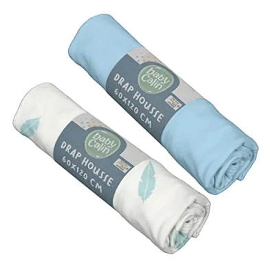 Afbeelding van BabyCalin, set van 2 hoeslakens, blauw / blauwe veren, 60 x 120 15 cm, Öko Tex gecertificeerd