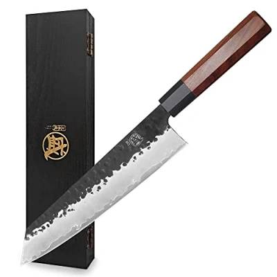Afbeelding van MITSUMOTO SAKARI Japans mes van 23 cm, Kiritsuke keukenmes koolstofstaal, met de hand gesmeed (rozenhandvat en geschenkverpakking)