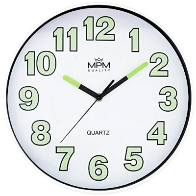 Afbeelding van MPM Lumini wandklok Lichtgevende zonder tikkend geluiden, rond, voor woonkamer, keuken, kantoor, slaapkamer, werkt op batterijen, Ø 300 x 35 mm, wit