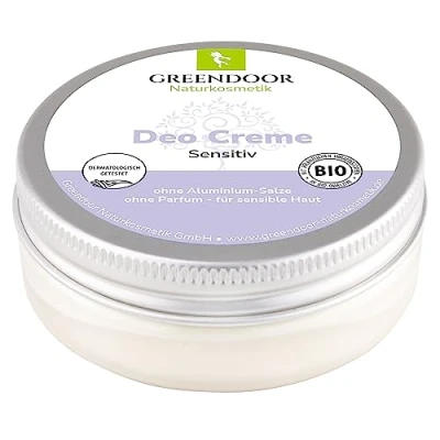 Afbeelding van GREENDOOR Sensitive Deodorantcrème 50 ml, zonder parfum, aluminiumzouten, veganistisch, pot van 100% gebruikte kunststof, met virgin biologische kokosolie, cacaoboter,