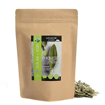 Afbeelding van biologische salieblaadjes (125 g), hele salie, van gecontroleerde teelt, voorzichtig gedroogd, 100% zuiver en natuurlijk, saliethee