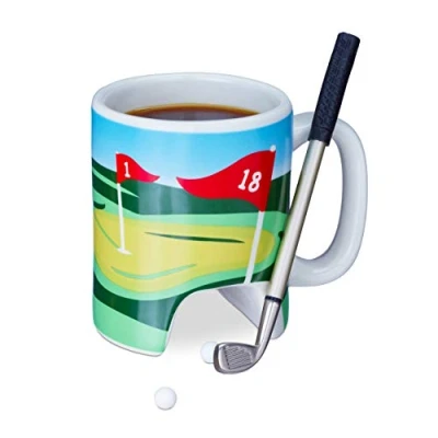 Afbeelding van Relaxdays golfbeker met club koffiemok golf mok koffiekopje oor golfcadeau