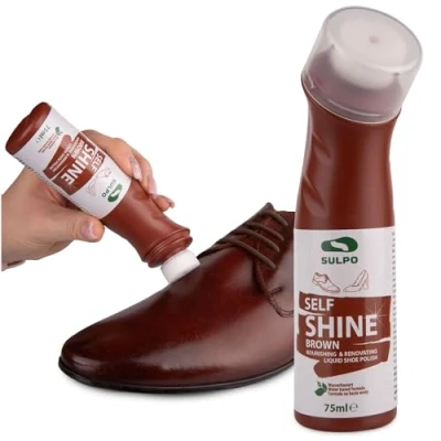 Afbeelding van SULPO Schoensmeer Express zwart, schoenpoets voor leer, met sponsapplicator, waterbasis, leerverzorging, Self Shine Liquid Shoe Cream, 75 ml, Bruin