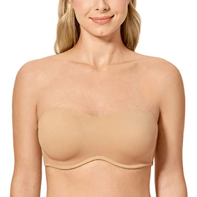 Afbeelding van Delimira Strapless beugelbeha voor dames, gevoerde hoofdband, naadloze minimaliserende beha, Taupe