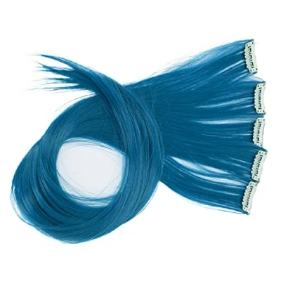 Afbeelding van CAISHA 60 cm, kleurrijke strengen, clip in extensions, glad haar, lang, waterblauw, BST122