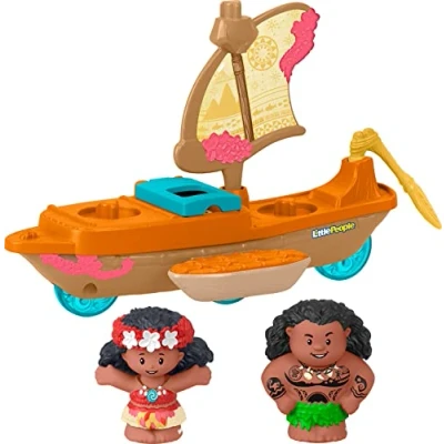 Afbeelding van Fisher Price Little People Disney prinsessen Moana en Maui Kanovaren zeilboot met figuren voor simulatiespel vanaf 18 maanden