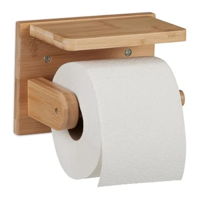 Afbeelding van Relaxdays wc rolhouder met plankje bamboe toiletrolhouder muur closetrolhouder hout
