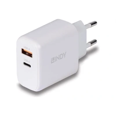 Afbeelding van Lindy 65W USB Type A &amp; C GaN Oplader Laad twee apparaten tegelijk op met GaN, PD 3.0 en PPS technologie. (65 W), lader, Wit
