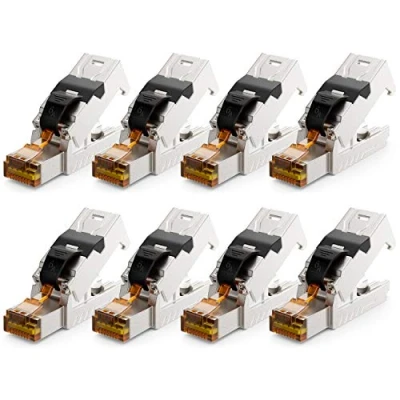 Afbeelding van deleyCON 8 x CAT 6a RJ45 netwerkstekker met LSA stekker zonder gereedschap voor stijve installatiekabels, LAN kabel, RJ45, CAT6a, CAT7, afgeschermd, metalen behuizing, 10 Gbit/s