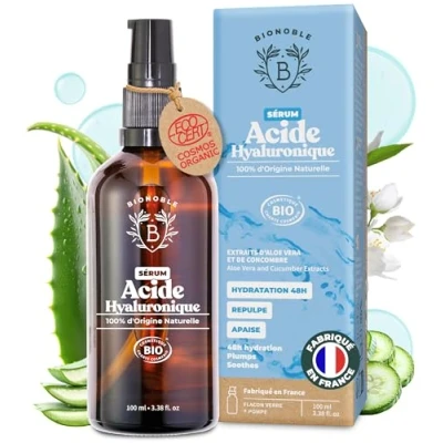 Image de BIONOBLE Sérum Visage Acide Hyaluronique Pur certifié Bio Soin Hydratant Anti Âge et Rides avec Aloe Vera Bouteille en Verre + Pompe Serum Made in France 100ml