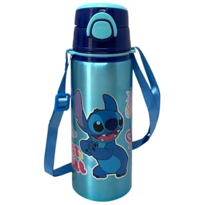 Afbeelding van Disney Stitch Aluminium drinkfles met rietje, 730 ml, fles automatische pop up opening voor kinderen, inclusief schouderriem