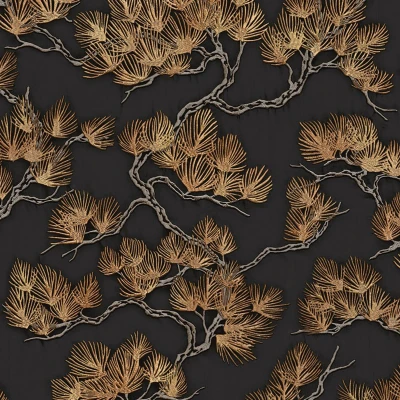 Afbeelding van Behang Pine Tree zwart en goudkleurig