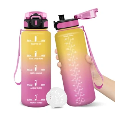 Afbeelding van Drinkfles, 1500 ml, BPA vrij, sportfles, lekvrij vergrendelingsontwerp, fles, met tijdstempel, waterfles voor school, yoga, hardlopen, bergen beklimmen, geelroze