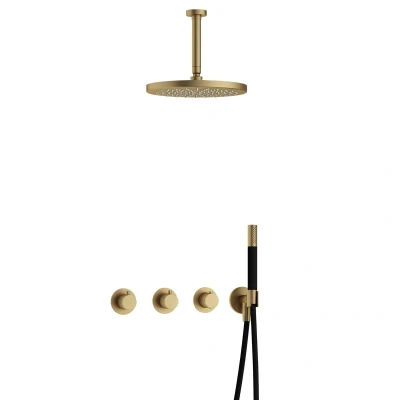 Afbeelding van Hotbath Cobber Regendoucheset IBS70 Geborsteld Messing Staaf handdouche 30cm Hoofddouche 15cm Plafondbuis Handouche met wandhouder