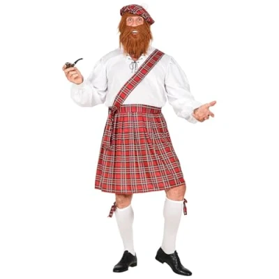 Afbeelding van Widmann Ondeugend Schots kostuum, overhemd, kilt, sjaal, korte shorts met schakels, muts baard, themafeest, Schotse rok, carnaval, carnaval
