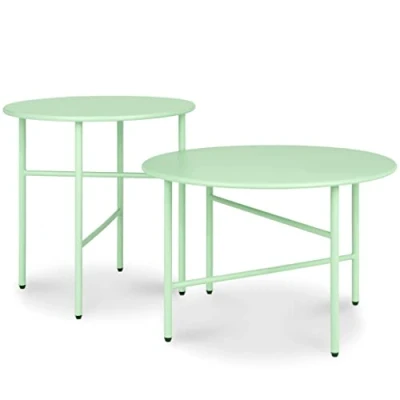Afbeelding van bomoe Finn Set van 2 Ronde Bijzettafels Metaal Mintgroen Krasbestendig Tafelblad Ø 44cm &amp; Ø53cm Stabiel, Lichtgewicht Salontafel voor Binnen Buiten