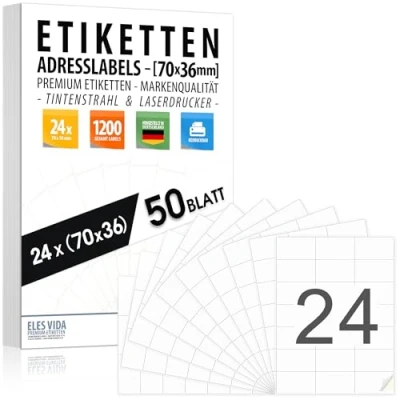 Afbeelding van 70 x 36 adreslabels zelfklevend (24 per DIN A4 vel), bedrukbaar met inkjet en laserprinter, Made in Germany (50 vellen, mm)