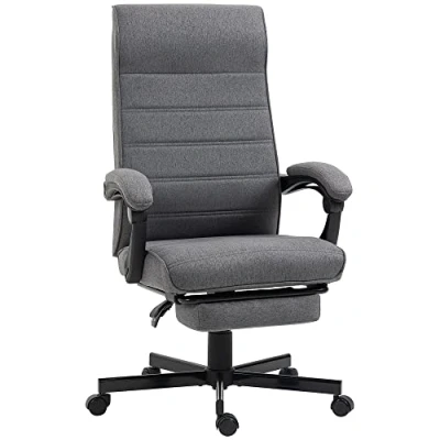 Afbeelding van Vinsetto Ergonomische bureaustoel, draaistoel, kantelbaar, met armleuningen, in hoogte verstelbaar en intrekbare voetensteun, van stof linnenlook, grijs