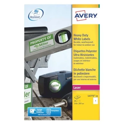Afbeelding van Avery L4775 20 Ultra sterke Etiketten Ft 210 X 297 Mm (b H), Etiketten, Wit Etiket