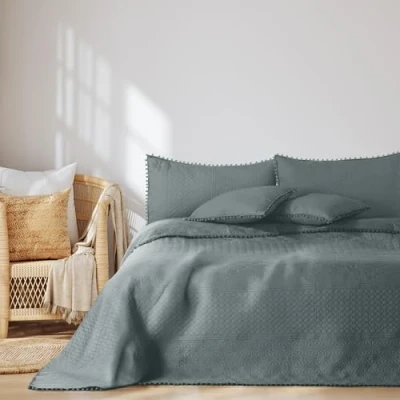Afbeelding van AmeliaHome Dubbelzijdige sprei met kwastjes, 220 x 240 cm, ultrasoon gewatteerd, polyester Meadore, grijs