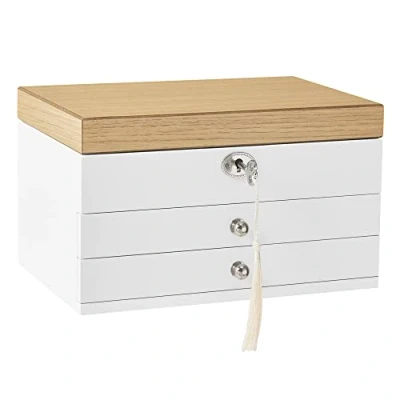 Afbeelding van SONGMICS Sieradendoos, 3 laags juwelendoos, houten juwelenopberger, met lades, voor ringen, oorbellen, armbanden en kettingen, wit JOW15WN