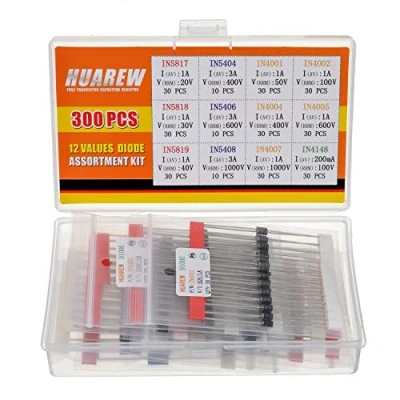 Afbeelding van HUAREW 12 waarden 300 stuks gelijkrichterdiode 1N4001 1N4002 1N4004 1N4005 1N4007 1N5404 1N5406 1N5408 Schottky diode 1N5817 1N5818 1N5888 19 Dio: switch 1N4148 classificatiekit
