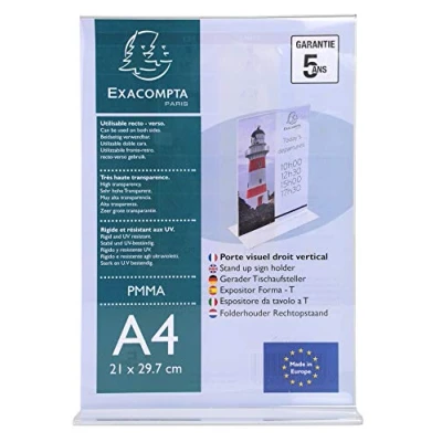 Afbeelding van Exacompta Referentienummer 84158D 1 A4 verticale rechte beeldhouder Afmetingen 210 x 297 mm PMMA (acryl) menu voor restaurants, prijskaart, conferentie en receptie Kleur Crystal