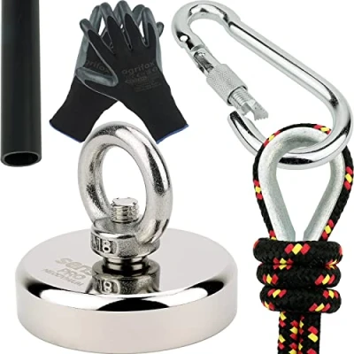 Afbeelding van Sensei Set 150 kg, neodymium magneet N52 met oogje, Ø 6 x H 1,5 cm, vistouw 25 m, beschermende handschoenen + accessoires, magneetset voor zoeken en vissen