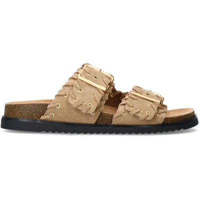Afbeelding van Sacha Dames Beige suède slippers met goudkleurige buckles Maat 36