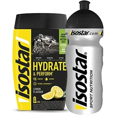Image de Isostar Hydrate &amp; Perform Iso Drink 400 g de poudre isotonique pour boissons d&#039;électrolyte soutenir les performances athlétiques citron + bouteille 0,5 l