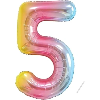 Afbeelding van ballon verjaardag 5 jaar regenboog 101 cm cijfer decoratie feestdecoratie vliegt dankzij het helium..