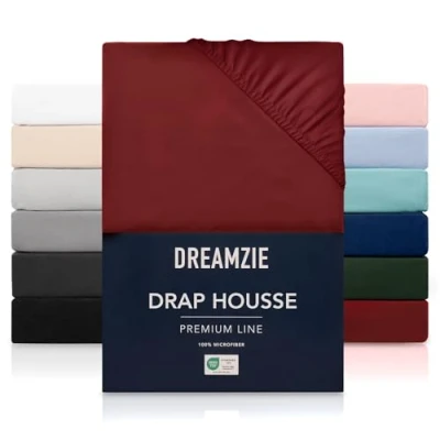 Image de Dreamzie Drap Housse 140x190/200 cm pour Matelas Épais jusqu&#039;à 33 100% Polyester Microfibre Bordeaux Certifié sans Produits Chimiques (Oeko TEX), avec Élastique Complet