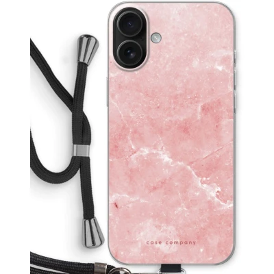 Afbeelding van Case Company® hoesje met Koord geschikt voor iPhone 16 Plus Roze marmer Telefoonhoesje Zwart Bescherming aan alle Kanten en Over de Schermrand