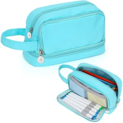 Afbeelding van Alyvisun Pennenetui met grote capaciteit 3 vakken voor jongens en meisjes, draagbare etui handvat, school kantoorbenodigdheden (blauw)