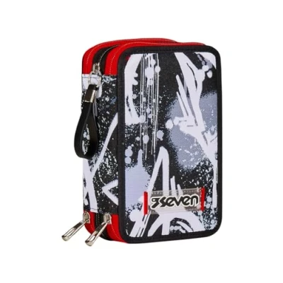 Afbeelding van Seven Pennenetui, 3 vakken, zwart, drievoudig vak, met potloden, markers, kleuren, accessoires voor rugzak, elementair, middelgroot, superieur, kinderen en jongens, school, zwart., School