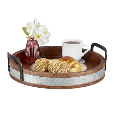Afbeelding van Relaxdays dienblad van mangohout serveerblad ijzeren handgrepen ook voor decoratie
