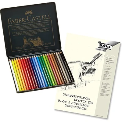 Afbeelding van Faber Castell 110024 Polychromos kleurpotloden, 24 stuks metalen etui + schetsboek A4