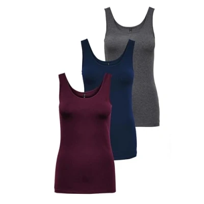 Afbeelding van ONLY Onllive Love Débardeur Noos pour femme, Lot de 3 (gris foncé mélangé, Pageant Blue, Port Royale), 3XL