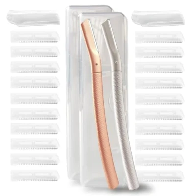 Image de Ruimooto Lot de 2 rasoirs à sourcils avec 20 lames rasoir inoxydables, épilateur facial pour femme en métal haute qualité, tondeuse sourcils, or rose, argent