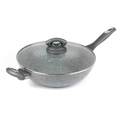 Afbeelding van Salter BW02772G Marble Collection Wok Pan, Non Stick, Silicone Coated Bakelite Handle, Suitable for All Hob Types Including Induction, Forged Aluminium, 28cm, Grey