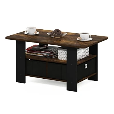 Afbeelding van Furinno Andrey Salontafel met lade, afvalbak, Engineered Wood, barnsteengrenen/zwart