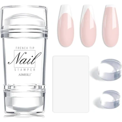 Afbeelding van AIMEILI 4 stuks transparante nagelstempels van siliconen, dubbele punt gelei, met spatel, voor Franse manicure, thuis, manicuresalon, doe het zelf