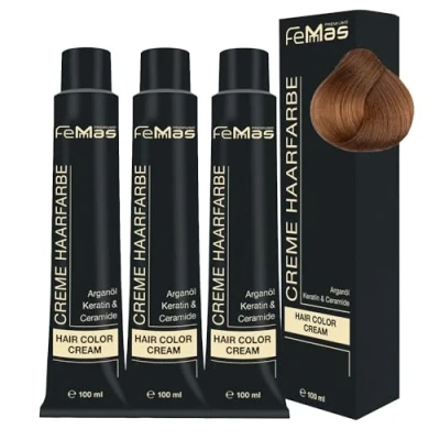 Afbeelding van FemMas Licht blond Haarverf, intensief goud 8.33, professionele crème voor arganolie, keratine, keratine en ceramide, als permanente kleuring of haarkleurmiddel, 3 x 100 ml