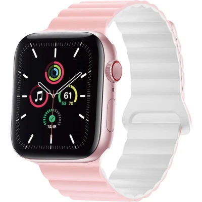 Afbeelding van imoshion Siliconen magnetisch bandje Geschikt voor Apple Watch 4, 5, 6, 7, 8, 9, 10, SE, Ultra (2) 44/45/46/49 mm Roze &amp; Wit One Size