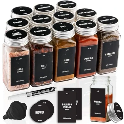 Afbeelding van Deco Haus Set van 12 Kruidenpotjes met Schroefdeksel, Kruidenkit Labels, Trechter, Schoonmaakborstel, Stift, Passen in Onze 4 Kruidenrekken, Lege Helder Glas Opberger &amp; Strooier 120ml, 10,5x4,3cm
